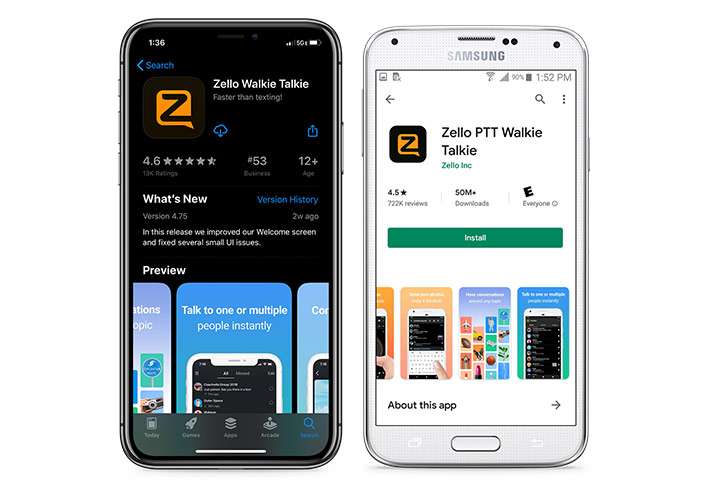 Zello app download on two phones