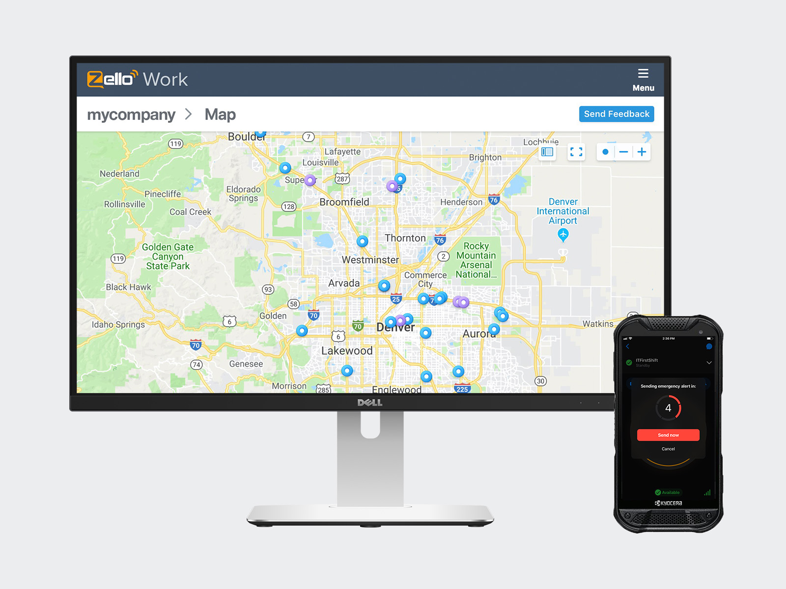 Zello's Premium Maps on a desktop and Emergency Alerts on a rugged device